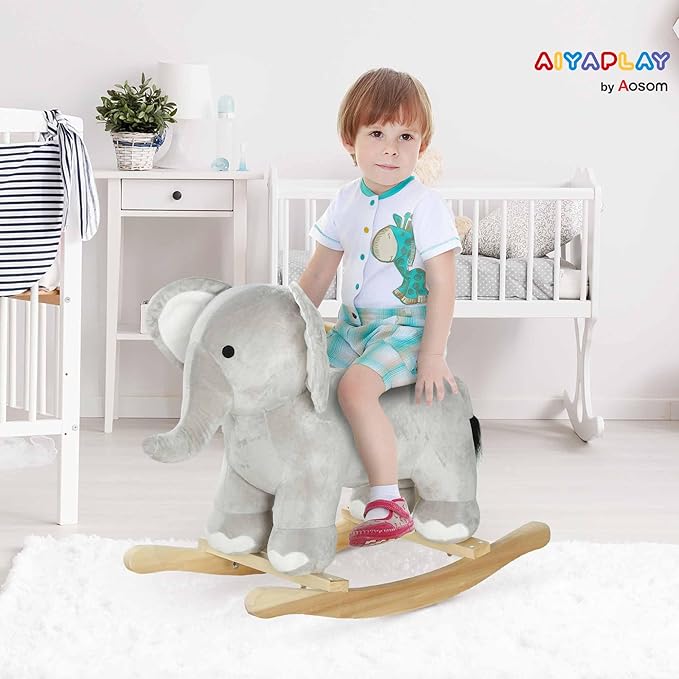 Qaba Rocking Horse, Kids Rocking Animal, Elephant Rocker with Realistic Sounds, Plush Ride on Toy for Years 2-4, Gray