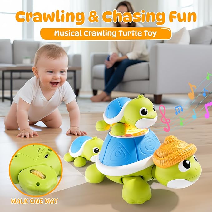 BLF FUN Baby Toys 6-12 Months, Musical Turtle Crawling Toys with Mama and Babies, Baby Learning Toys with Light & Music, Christmas Birthday Gifts for Boys Girls 6,7,8,9-12 Months