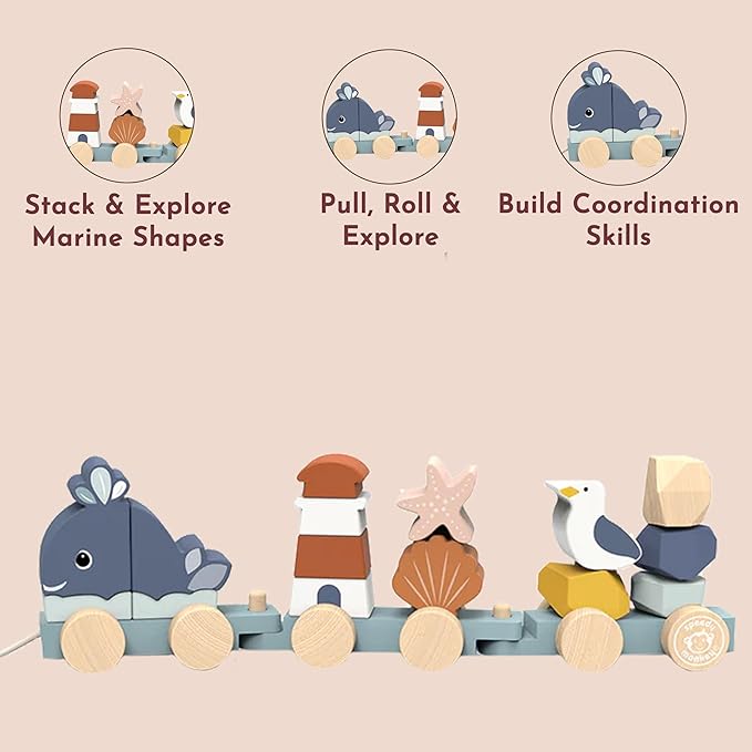 SPEEDY MONKEY Ocean Train Stacker for Toddlers 12m+ | Wooden 15 Piece Stacking & Sorting Toy | Seaside-Themed Train Pull Along for Walking & Crawling | Fine Motor & Early Learning Gift for Kids