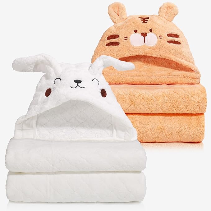 Toddler Towels for Boy, 2 PCS Hooded Baby Towels Boy, Soft and Absorbent Baby Bath Towels, Animal Hooded Design Toddler Towels, Large 50''x32'', White Rabbit & Orange Tiger Set