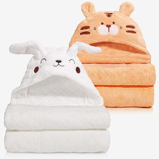 Toddler Towels for Boy, 2 PCS Hooded Baby Towels Boy, Soft and Absorbent Baby Bath Towels, Animal Hooded Design Toddler Towels, Large 50''x32'', White Rabbit & Orange Tiger Set