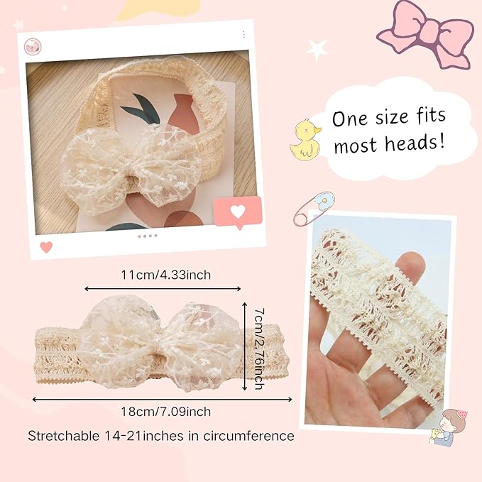 Lace White Bow-knot Baby Girls Headband Birthday Shower Infant Wrap Elastic Flower Baby Turban Hairband for Newborn Infant Toddler Kids (Ivory B, Elastic)
