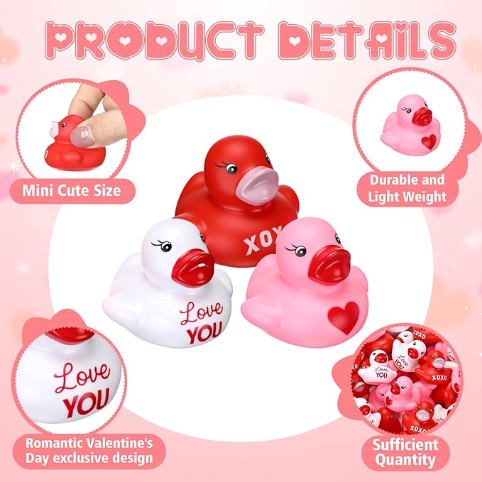 Lunmon 200 Pcs Valentine's Day Rubber Duck Heart XOXO Valentines Duck 1.4 Inch Pink Red White Float Toys for Party Favors Prizes Exchange Gifts Goodie Bag Fillers, 3 Styles