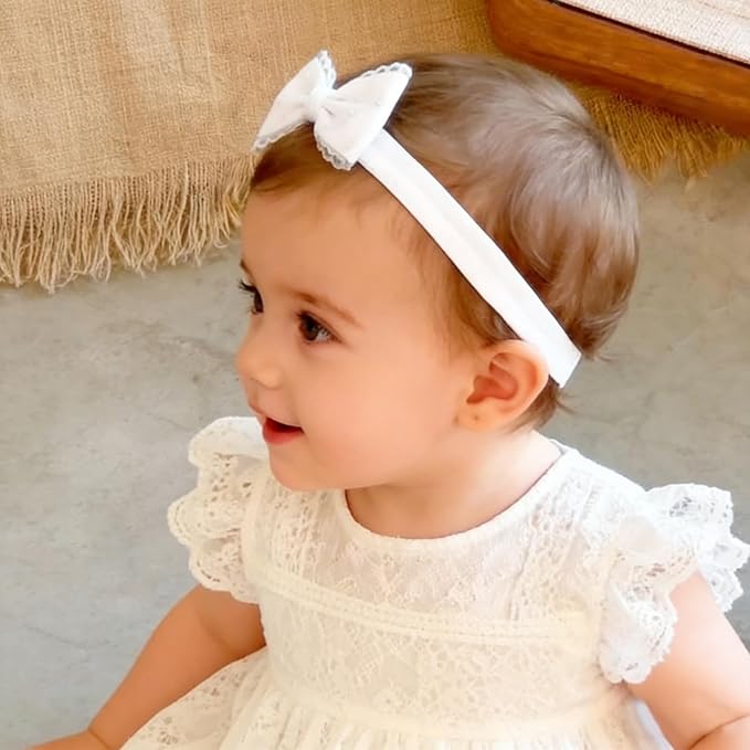 Baby Girls Headband White Bow Lace Headbands Soft Elastic Bowknot Hairbands Cute Hair Accessory for Newborn Kids Infant Toddler Baptism Birthday Party (Bow C)