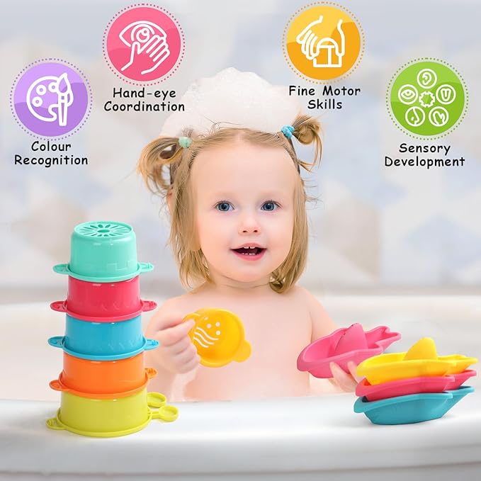 Zeewoo Baby Bath Toys for Kids Ages 1-3 Toddler Bath Toys Mold Free Bathtub Toys for 12+ Months Pool Water Table Beach Sand Toys Stacking Cups Floating Boats for 1+ Years Old Girls Boys Gifts 11 PCS