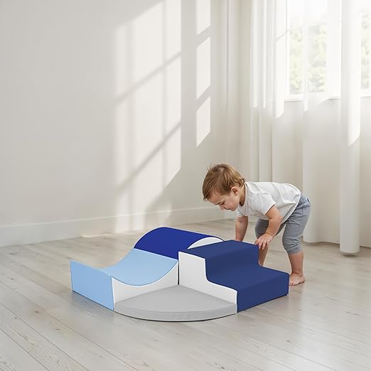 FDP SoftScape Curvy Corner Climber, Indoor Active Play Structure for Toddlers and Kids, Safe Soft Foam for Crawling and Sliding, 4-Piece Set - Navy/Powder Blue