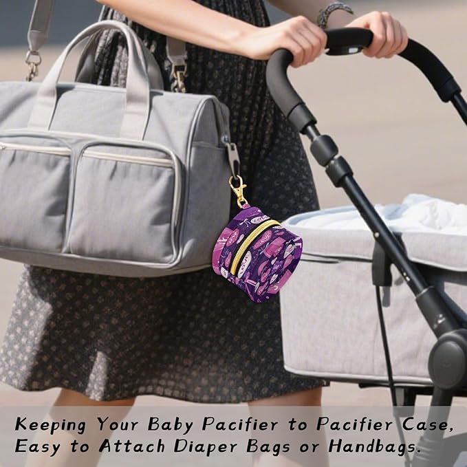 Pacifier Holder with Clip Pacifier Case for Diaper Bag Round Baby Pacifier Pouch Box Bag Portable Valentine Purple Love Heart Bows