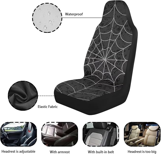 Halloween Cobweb Car Front Seat Covers Waterproof Car Seat Covers Front Seats Only Stretch Polyester Fabric Cover Easy to Install Universal Fit for Most Vehicle