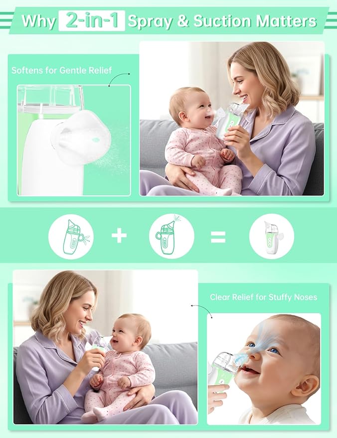 Nasal Aspirator for Baby,2-in-1 Smart Electric Nose Sucker, 2026 Upgraded with AI Anti-Backflow Protection,70Kpa Hospital-Grade Suction,15ml Large Capacity,5 Levels,Ultra-Quiet with Music-Green