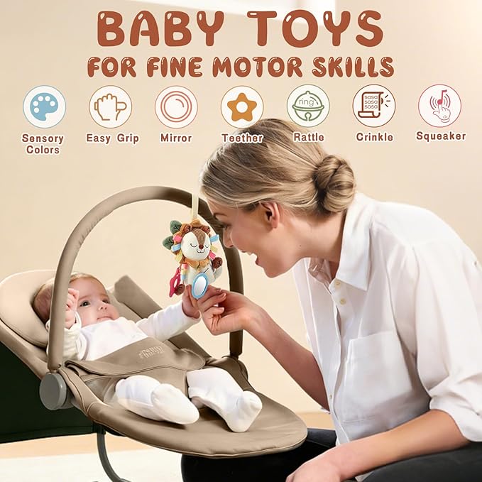 TYRY.HU Car Seat & Stroller Activity Toy,Soft Plush Cot Hanging Toy, Baby Rattle Toy with Strap,Developmental Sensory Toy-Textured Ribbons&Teether&Mirror&Crinkle Sounds for Infants 0 3 6 12 Months
