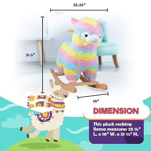 Rainbow Llama Rocker for Toddlers – Soft Plush Ride-On with Wooden Frame | Balance, Coordination, Imaginative Play & Toddler Gift, Ages 18+ Months