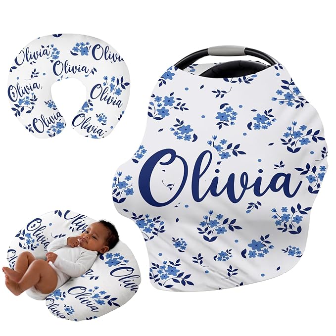 Personalised Car Seat Cover for Babies - Multi-use Carseat Canopy Cover with Name, Blue Theme Car Seat Covers, Christmas Birthday Gifts for Infant Boys and Girls