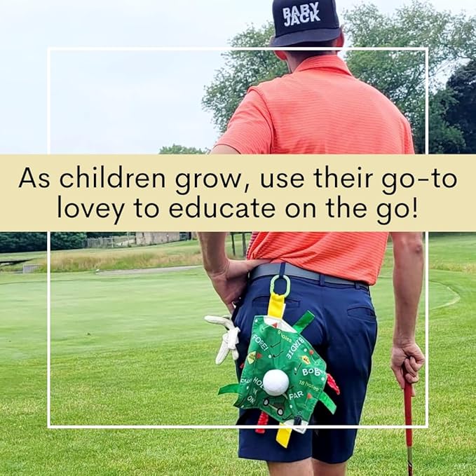 Baby Jack & Co 10x10” Golf Ball Sports Lovey Sensory Plush Blanket - Tag Toys for Sensory Play - Travel Stroller Toy - Learn Shapes, Letters & Colors - Sports Gift Educational and Soother