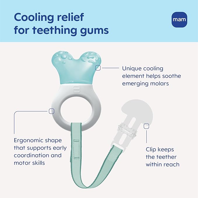 MAM Mini Cooler Baby Teether with Clip (2 Pack) – Cooling Teething Rings for Teething Relief, Lightweight Easy-Grip Design, Reaches Back Teeth, Refrigerator Safe Infant Teething Toy