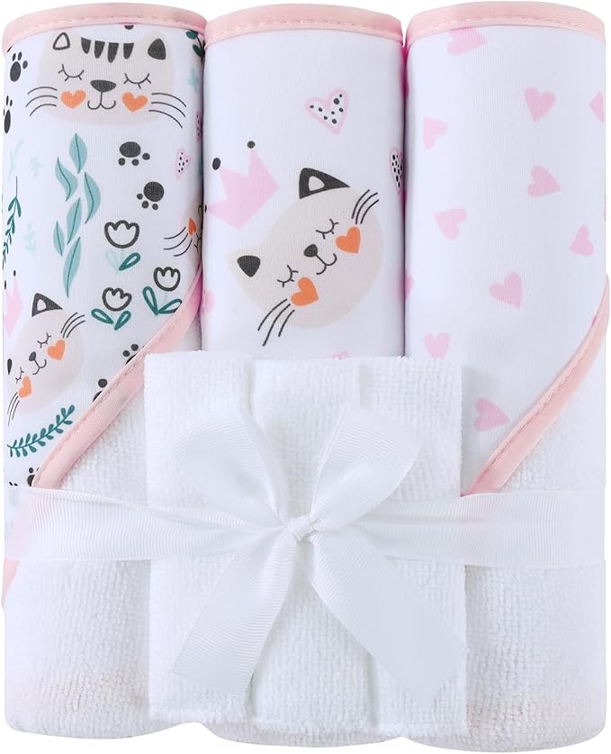 Viviland 6 Pcs Hooded Baby Towels and Washcloths Set, Super Gentle Bath Towels for Newborn Face & Body, Absorbent Wash Cloth for Infants Girls, Flower-Cat Pattern, 28 x 28 inch