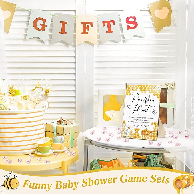Roowest 51 Pcs Pacifier Hunt BabyShower Games Include Wooden Hunt Sign and 50 Acrylic Mini Plastic Pacifiers for BabyShower Game Decoration Gift Sets Gender Reveal Party