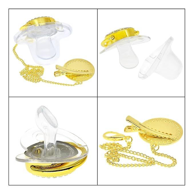 Bling Personalized Baby Pacifier with Pacifier Clips and Anti-dust Cover A-Z 26 Letters(Gold Transparent,P)