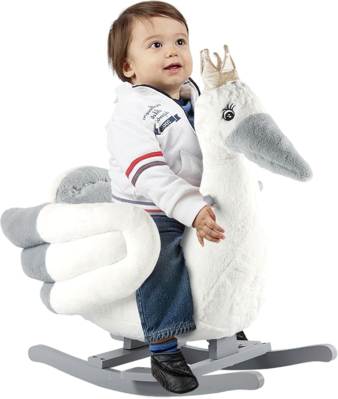 Rock My Baby Rocking Horse, Rocking Horse for Toddlers 1-3, Plush Rocking Horse with Seat, Wooden Gray Stork Ride-On Toy, (Gray Stork Bird), CPC Certified