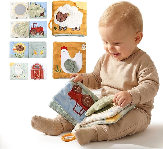 Mamimami Home Soft Baby Book with Teether & Mirror, Sensory Crinkle Cloth Books for Babies 0-12 Months, Montessori Farm Animal Tummy Time Toys, Portable Busy Book, Infant Toy for Newborn Shower Gift
