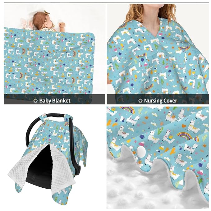 Llama Alpaca Cactuses and Leaves Pattern Baby Car Seat Canopy Nursing Cover for Newborn Car Seat Breastfeeding Covers Blanket Newborn Shower Gift