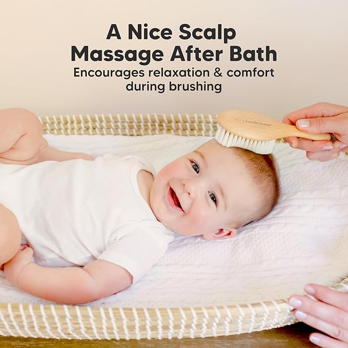 Wooden Baby Hair Brush for Toddler Girls, Boys - Cradle Cap Brush for Babies, Soft Goat Bristles, Perfect Gentle Scalp Newborn Comb for Infant, Girls, Boys, Bath Essentials(Walnut, Petite)