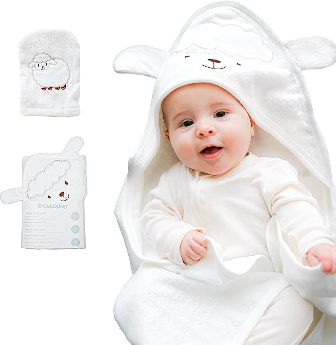 CuddleBug Premium Hooded Baby Bath Towel & Washcloth Set (Bear) - 100% Cotton Terrycloth Hooded Baby Towels for Newborn & Toddler - Super-Soft & Absorbent, Newborn Essentials (33" x 33") - White Lamb