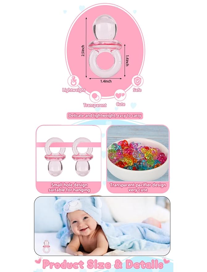 100Pcs Mini Pacifier, Acrylic Colorful Baby Pacifier Toys Baby Baptism Soothing Mini Color Toys for Baby Birthday Shower Party Decoration(Transparent Color Mixing)