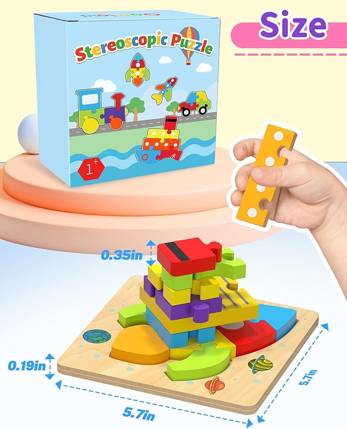 Wooden Puzzles Toddler Toys for Boys Girls, 12 Vehicle Shape Learning Educational Blocks Birthday Gifts Sensory Toy Montessori Toys