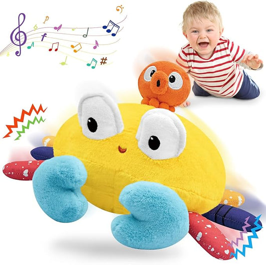 Infowush Baby Toys 6-12-18 Months - Musical Crawling Crab Plush Toy, Dancing Walking Bouncing Tummy Time Toy Interactive Sensory Learning Toys for Toddlers 1-3, Birthday Gifts for Infants Boys Girls
