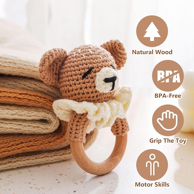 Wooden Baby Rattle，Crochet Bear Rattle with Wood Ring, Newborn Wooden Animal Rattle Toy，Infant Bear Wood Rattle Toys