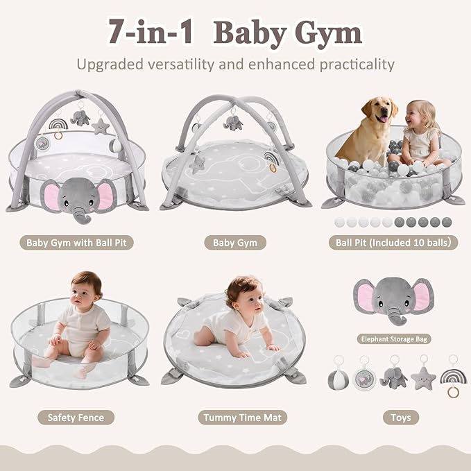 7-in-1 XL Large Baby Play Gym Mat, Tummy Time Mat, Baby Gym & Ball Pit, Baby Activity Mat with Milestone Cards & 6 Detachable Toys for Sensory Motor Skill, Elephant