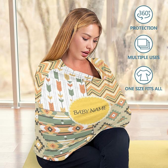 Personalized Boho Arrow Baby Car Seat Cover for Girls Boys Newborn, Custom Baby Carseat Canopy with Name, Multiuse Nursing Covers, Infant Stroller Cover, Breastfeeding Scarf