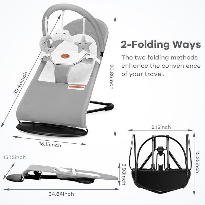 HKAI Baby Bouncer, Portable Baby Bouncer Seat for Babies 0-18 Months, 100% Cotton Fabrics, 3 Modes of use with Rocker and Stationary Options, Infant Rocker Chair with Hanging Toys-Light Grey