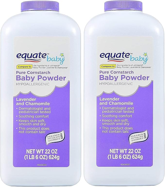 Equate Pure Cornstarch Baby Powder with Lavender and Chamomile 22 oz, 2-Pack