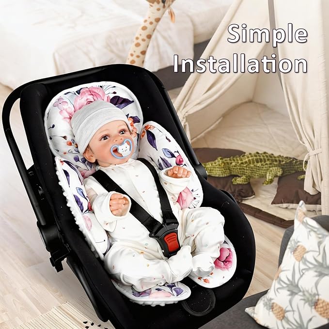 Pea Pod Baby Car Seat Head Support for Newborn, 2 in 1 Infant Car Seat Head Body Support for Girls Extra Soft Breathable Baby Car Seat Cushion Insert for Strollers, Swings, and Bouncers, Pink Floral