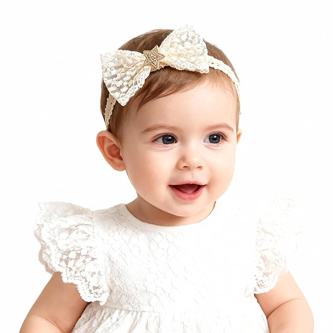 Handmade Baby Girl Headbands in Beige Baby Bows and Floral Lace Headband Bows for Newborns and Toddlers Cute Baby Girl Bows and Newborn Headband Bows