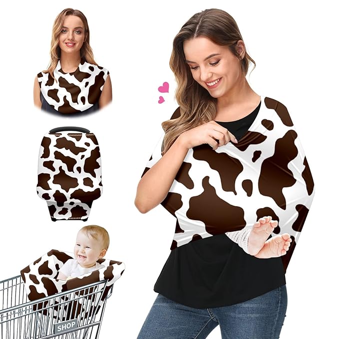 Baby Car Seat Stroller Covers Brown Cow Print Nursing Cover Breastfeeding Scarf Soft Breathable Stretchy Coverage Carseat Canopy Cover for Boys and Girls Soft Breathable Multi Use