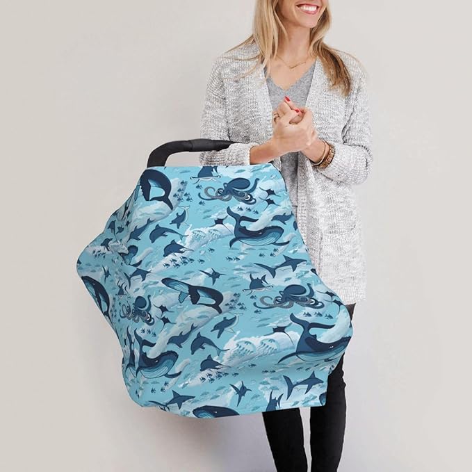 Sea Waves Dolphins Sharks Whale Octopus Baby Stuff Car Seat Cover for Baby Carseat Covers for Girl Boy Stretchy Soft Breathable Breastfeeding Infant Car Seat Canopy Carrier Cover