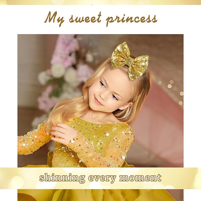 Hair Bows for Girls - Alligator Hair Clips, Sequin Big Bows for Babies, Toddlers, and Teens - Gold Bow Hair Accessories