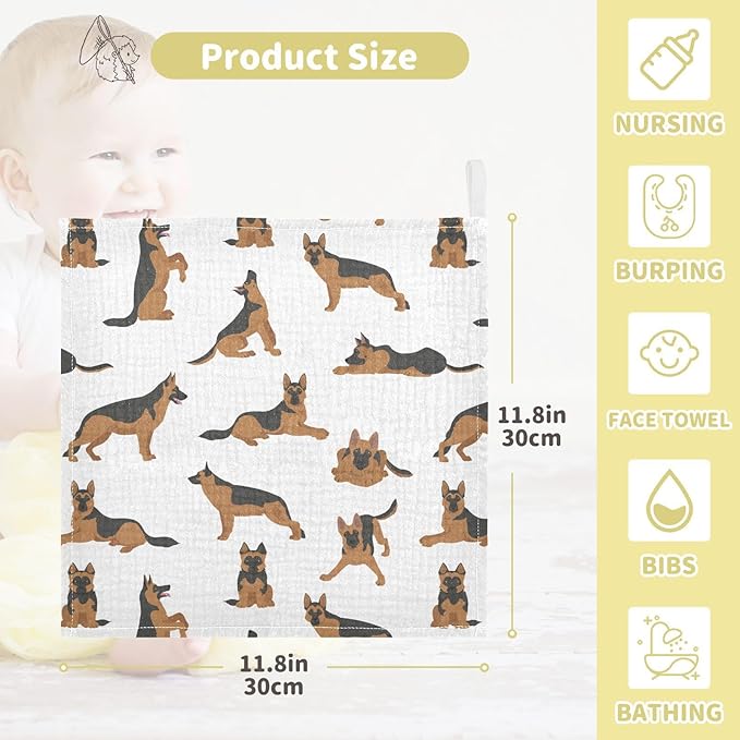 vvfelixl Baby Cotton Washcloths German Shepherd Dogs Infants Bath Towel for Unisex Face Towels for Newborn, Natural Baby Wipes Delicate Skin, 11.8 X 11.8 inch, one sizex3