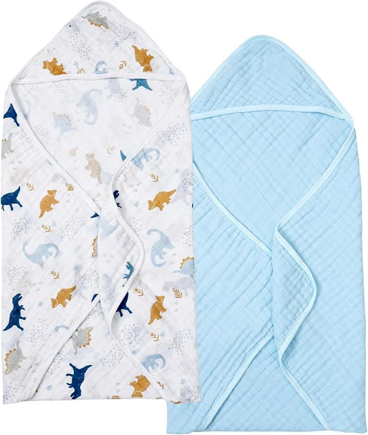 PHF 2 Pack Baby Hooded Towels, 100% Muslin Cotton Baby Bath Towel with Hood for Newborn, Infant, Toddler, Ultra Soft and Absorbent Baby Essentials Bath Towels for Boys, 32x32Inch, Dinosaur