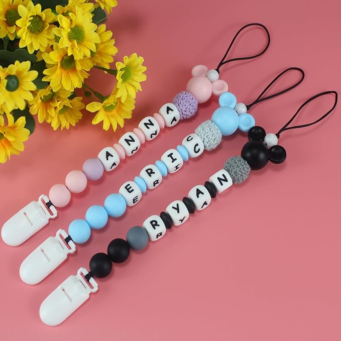 Personalized Pacifier Clip with Name, Customized Pacifier Holder with Name for Baby, Paci Clips with Mouse Head Design