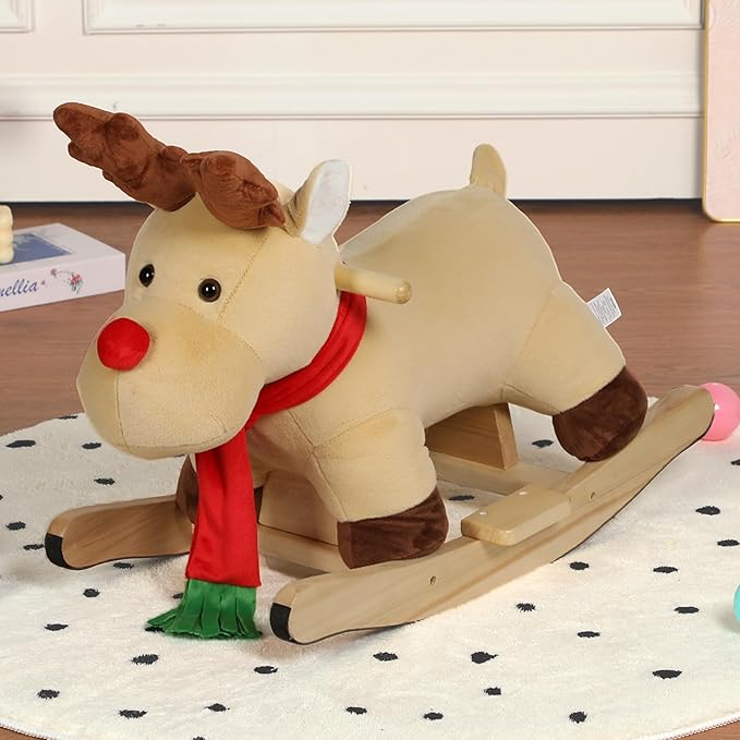 Reindeer Baby Rocking Horse for Toddlers 1 Years to 3 Years, Stuffed Plush Ride-on Rocking Animal with Realistic Sound and Music, Wooden Rocking Horse with Seat, Apricot Reindeer, CPC Certified