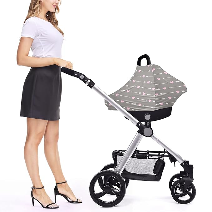 Baby Car Seat Stroller Covers White Arrows Pink Heart Grey Nursing Cover Breastfeeding Scarf Soft Breathable Stretchy Coverage Carseat Canopy Cover for Boys and Girls Soft Breathable Multi Use
