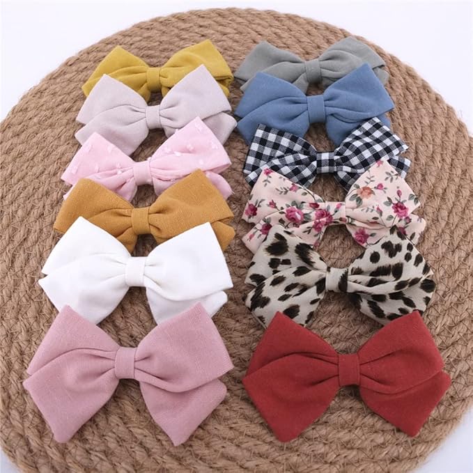 12 PCS Linen Bow Hair Clips for Baby Girls Hair Bows Alligator Clips Accessories Infants Toddler Kids Hairgrips (Classical Bow 3.5'')