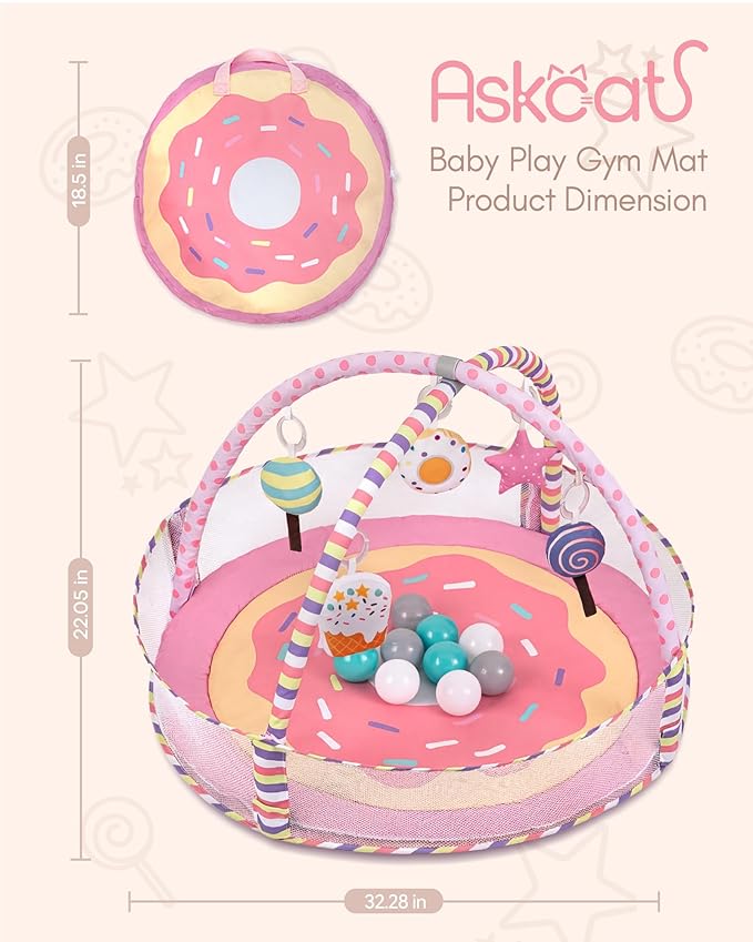 4-in-1 Baby Play Mat & Baby Play Gym,Baby Girl Play Mat Activity Gym, Pink Donut Tummy Time Mat for Babies and Toddlers, Infant Activity Center for Newborn to Develop Motor Cognition