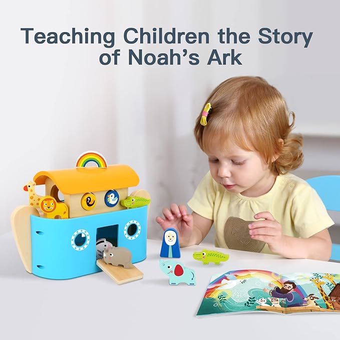 TOOKYLAND Noah's Ark Toys for Toddlers Wooden Animal Shape Sorter Toys, Baptism Gifts for Boys and Girls, Bible Story Toy with Story Book, Montessori Educational Toys for 2 3 4 Year Old