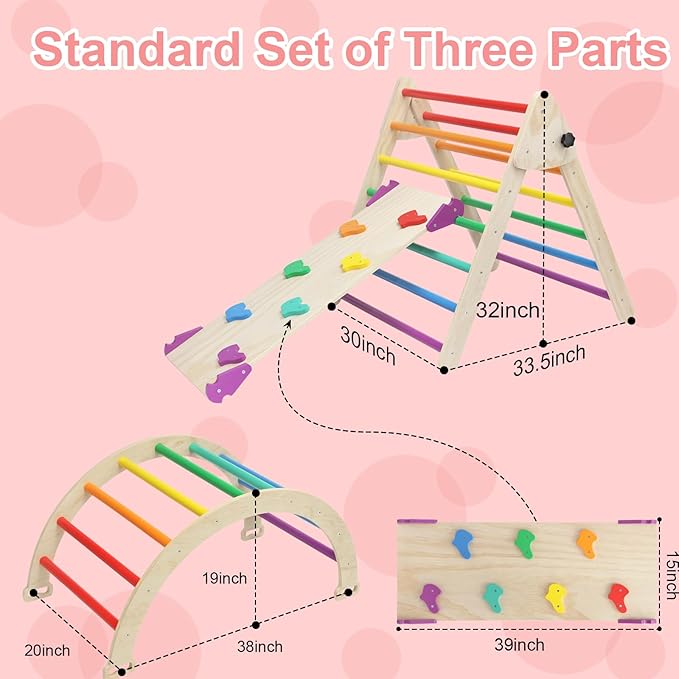 EDOSTORY 5 in 1 Pikler Triangle Set, Indoor Playground and Gym for Kids, Foldable Wooden Montessori Climbing Set Triangle Ladder Set with Slide and Climbing Ramp, Gift for Boys Girls(Rainbow)