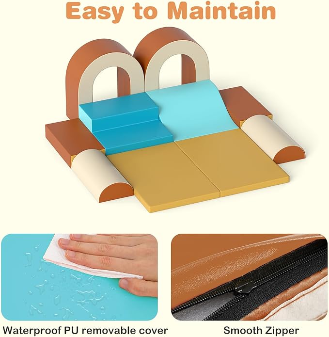 Olakids Toddler Climbing Toys Indoor, 10 Pieces Baby Foam Blocks Soft Play Set with PU Leather, Kids Climb Crawling Activity Gym Playground for 1+ Years (Brown)