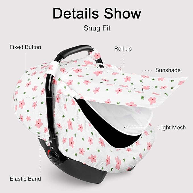 Hooyax Muslin Car Seat Cover Baby - Breathable and Privacy Car Seat Canopy with 3 Modes - Easy Install & Gift Box Packaging, Universal Fit for Infant Car Seats, Pink Flower